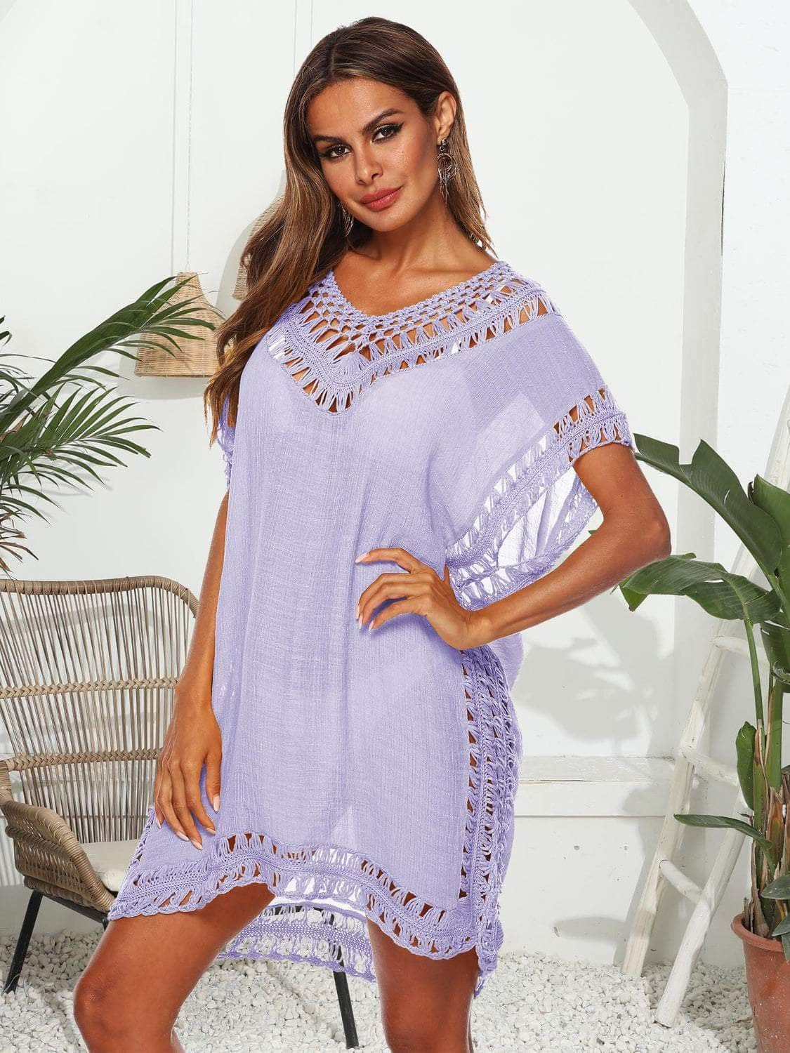 Cutout V-Neck Short Sleeve Cover-Up Lavender / One Size