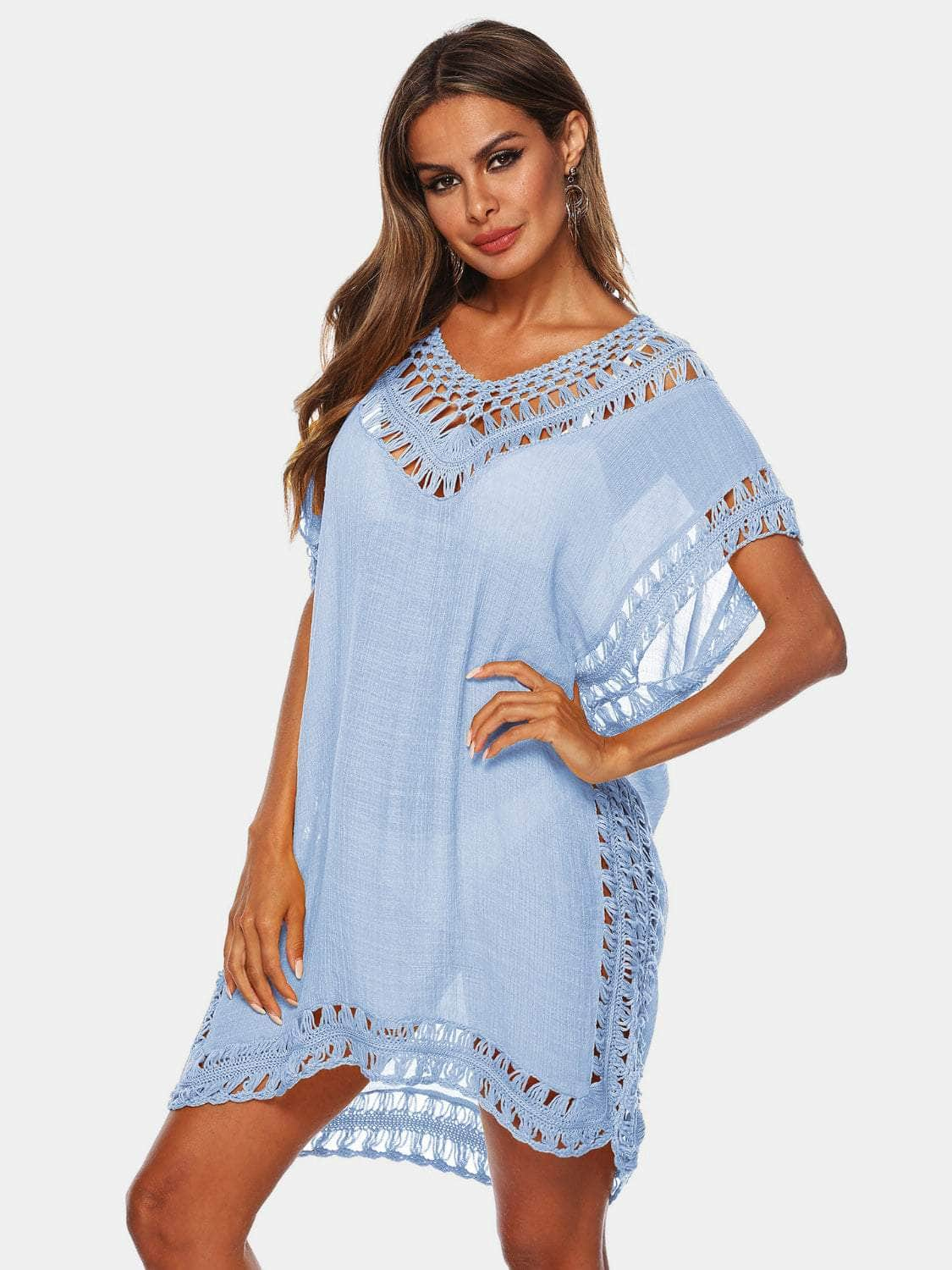 Cutout V-Neck Short Sleeve Cover-Up Misty  Blue / One Size