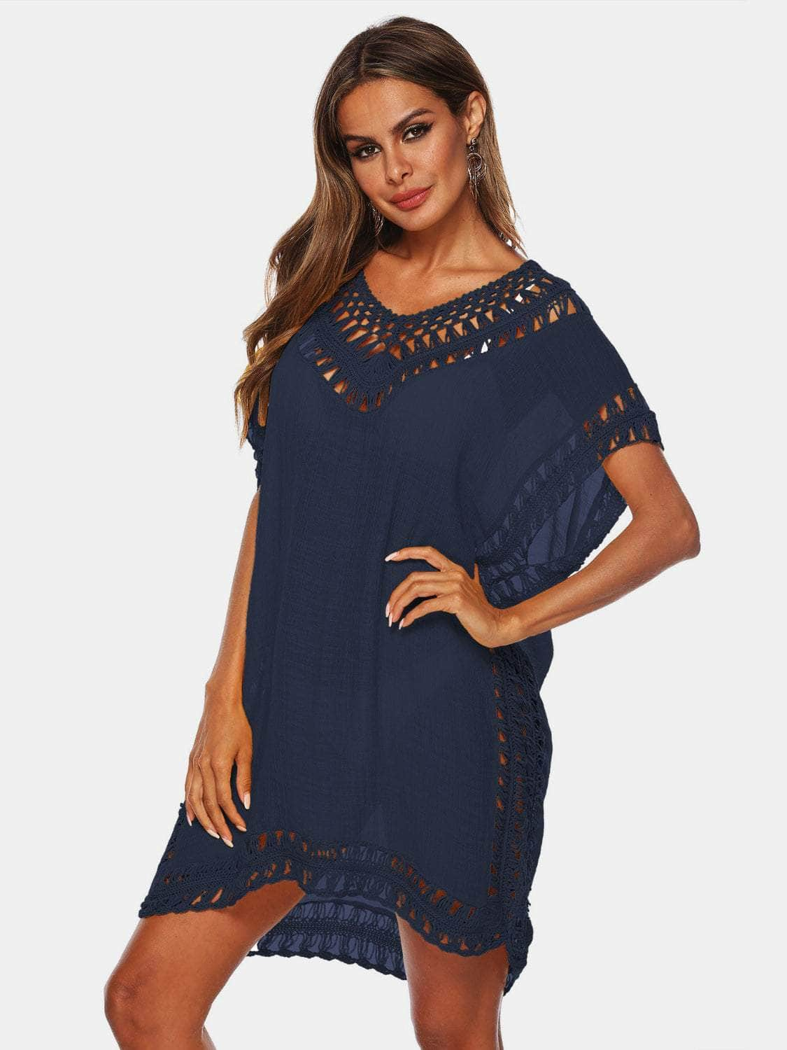 Cutout V-Neck Short Sleeve Cover-Up Navy / One Size