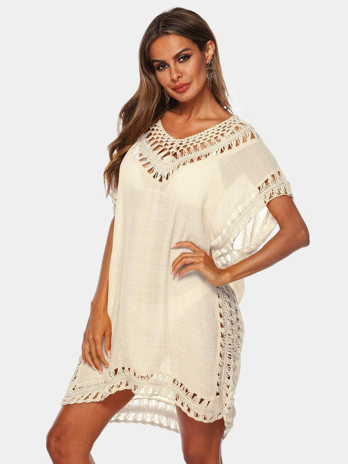 Cutout V-Neck Short Sleeve Cover-Up Pastel Yellow / One Size