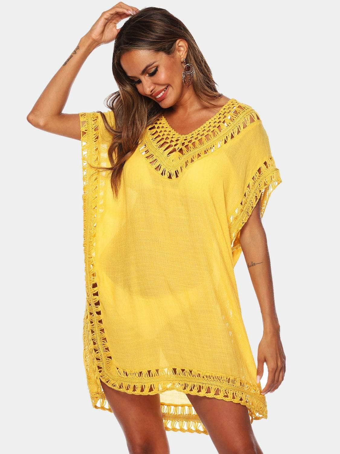 Cutout V-Neck Short Sleeve Cover-Up True Yellow / One Size