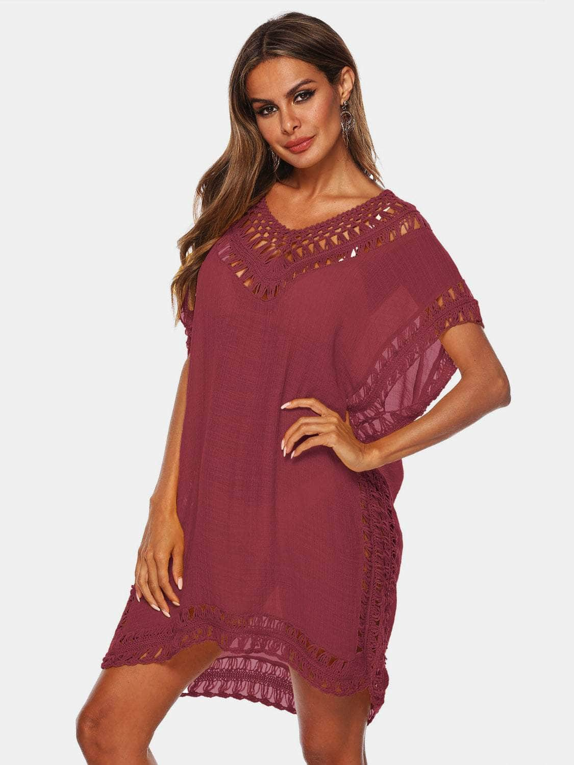 Cutout V-Neck Short Sleeve Cover-Up Wine / One Size