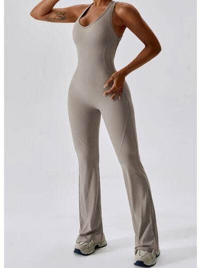 Cutout Wide Strap Bootcut Active Jumpsuit Beige / S