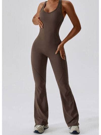 Cutout Wide Strap Bootcut Active Jumpsuit Coffee Brown / S