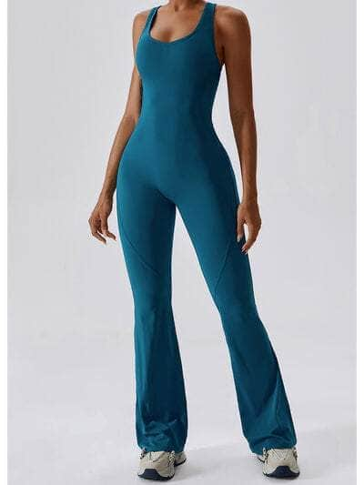 Cutout Wide Strap Bootcut Active Jumpsuit Turquoise / S