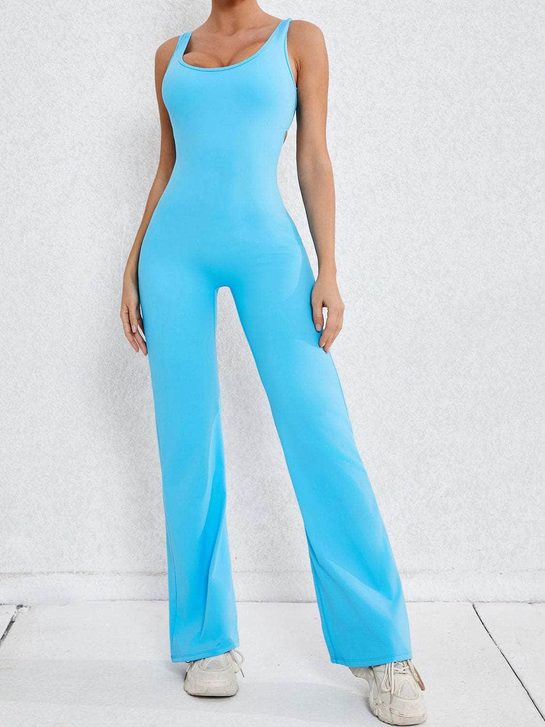 Cutout Wide Strap Scoop Neck Active Jumpsuit Aqua / S