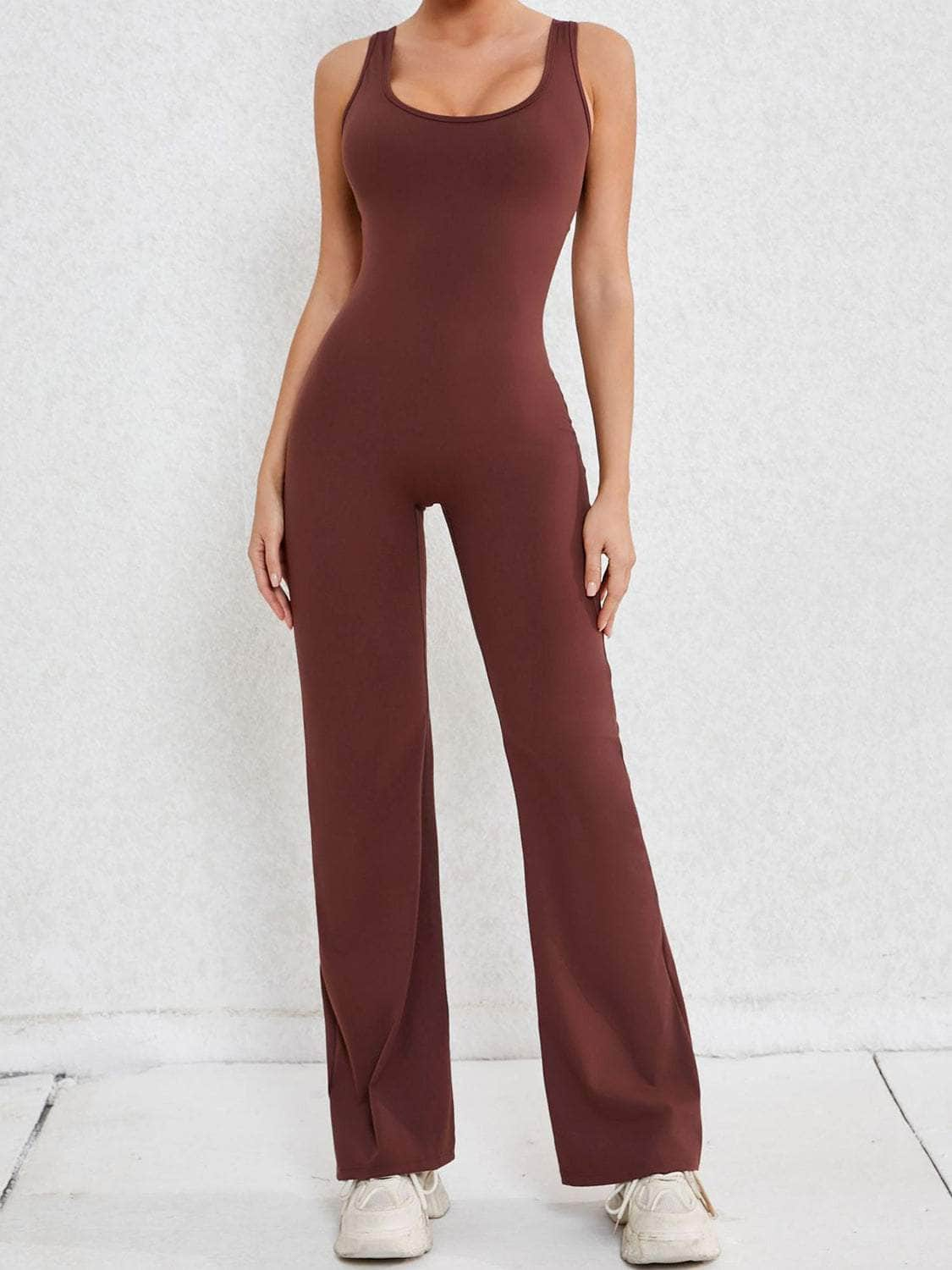 Cutout Wide Strap Scoop Neck Active Jumpsuit Chestnut / S