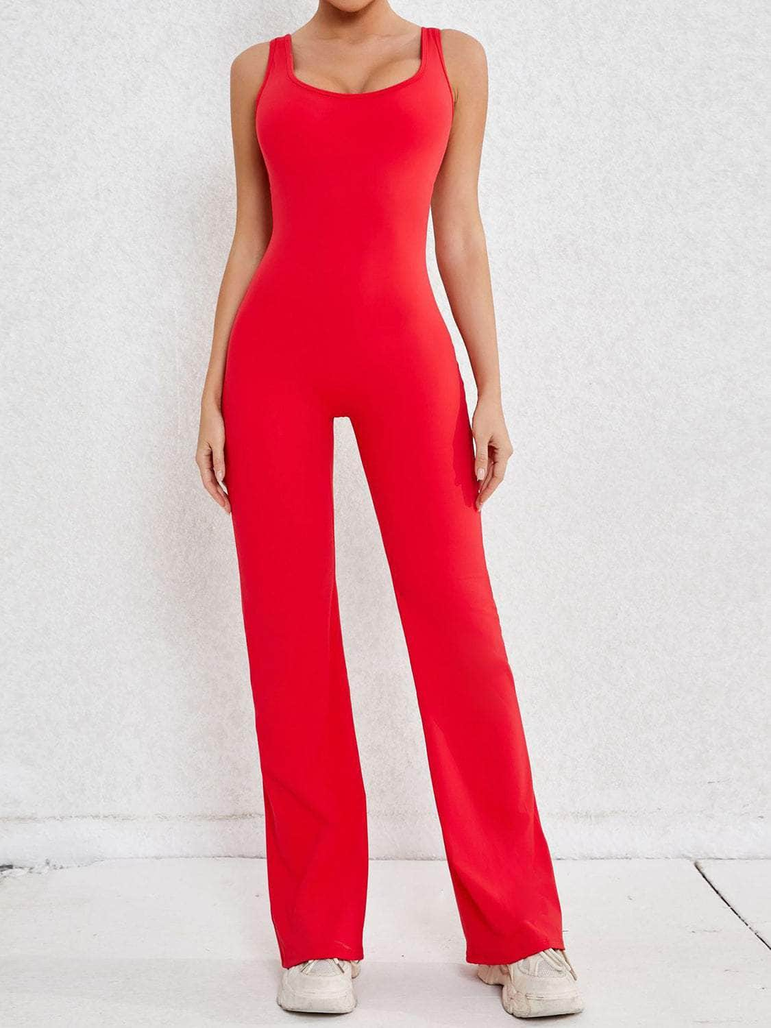 Cutout Wide Strap Scoop Neck Active Jumpsuit Red / S