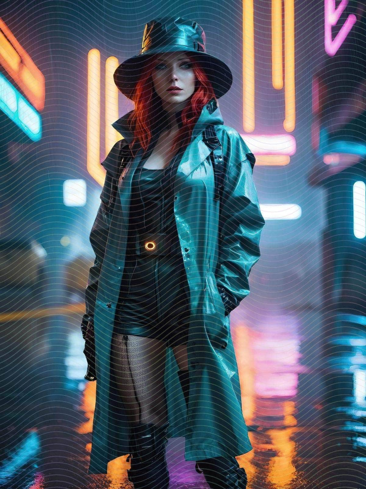 Cyberpunk Woman in Rain Coat and Hat