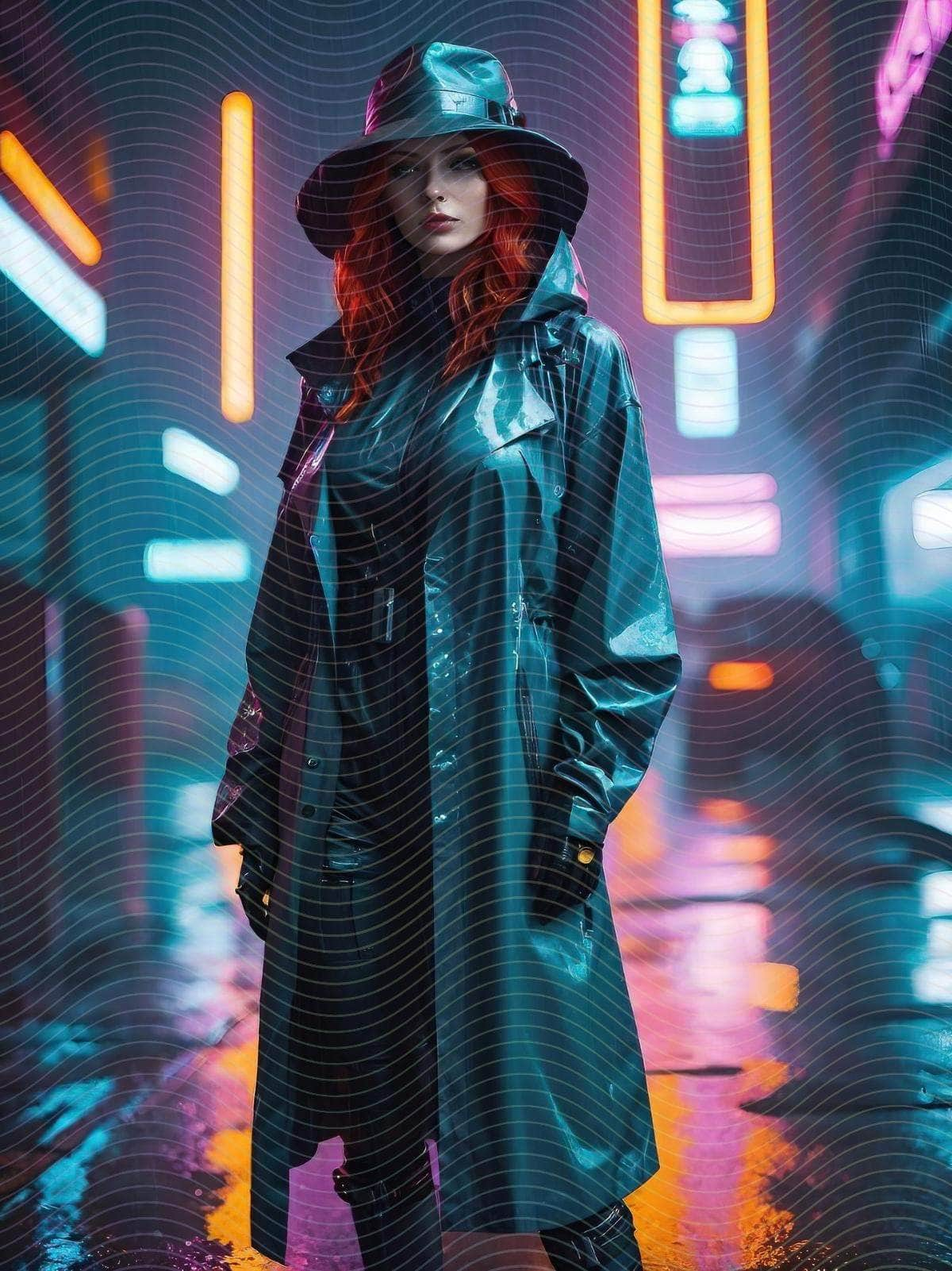 Cyberpunk Woman in Rain Coat and Hat