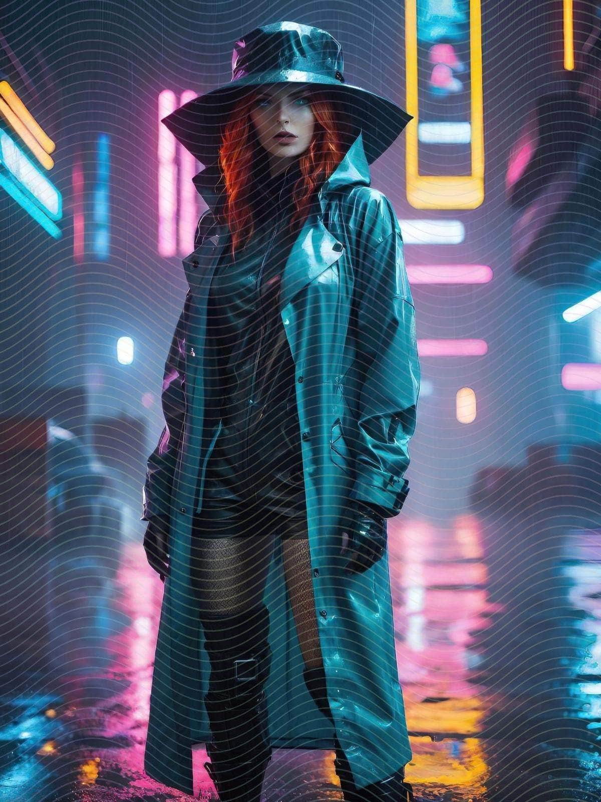 Cyberpunk Woman in Rain Coat and Hat
