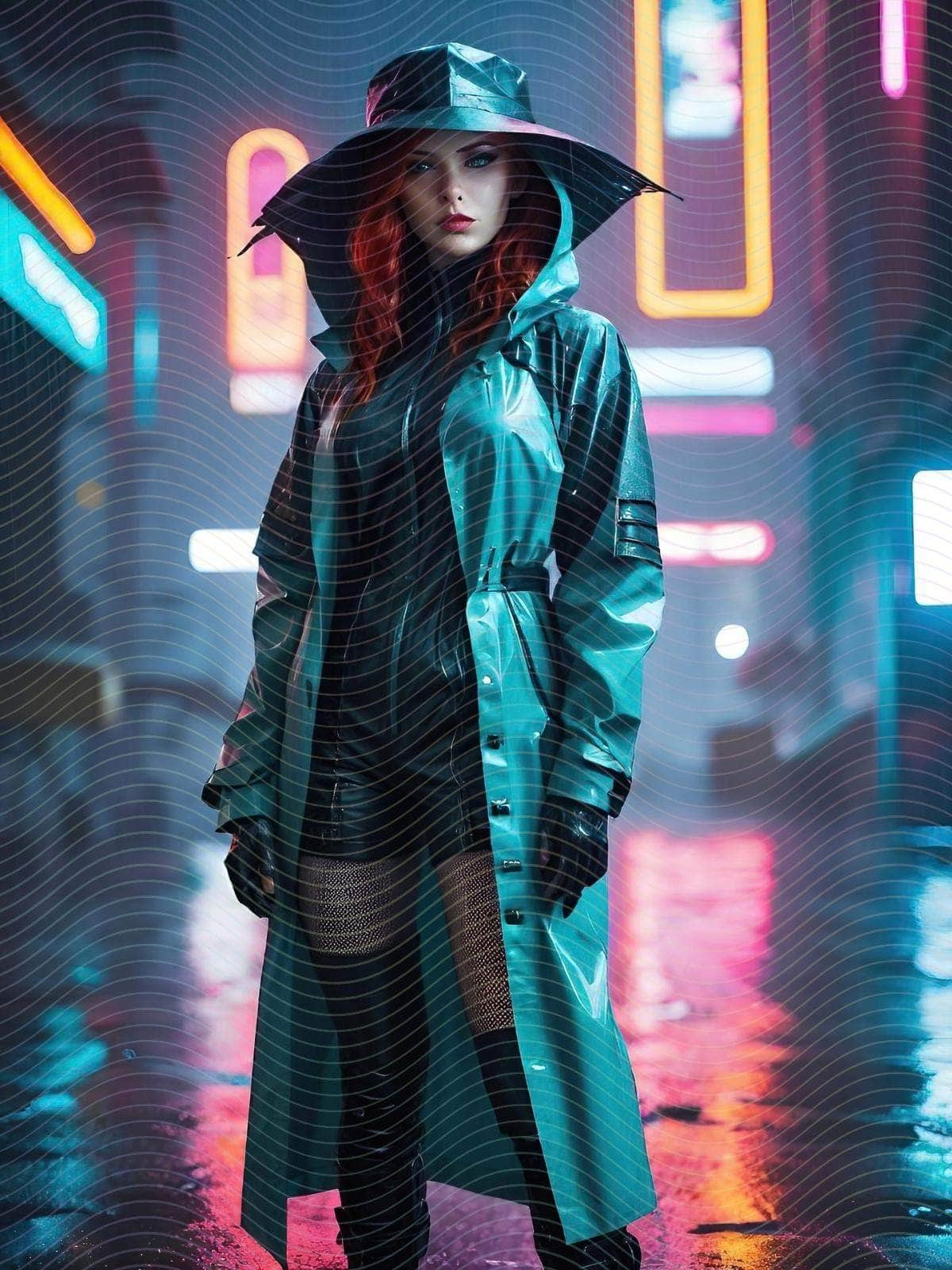 Cyberpunk Woman in Rain Coat and Hat