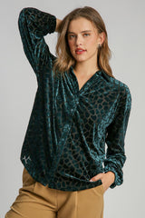 Umgee Animal Print Button Up Velvet Shirt