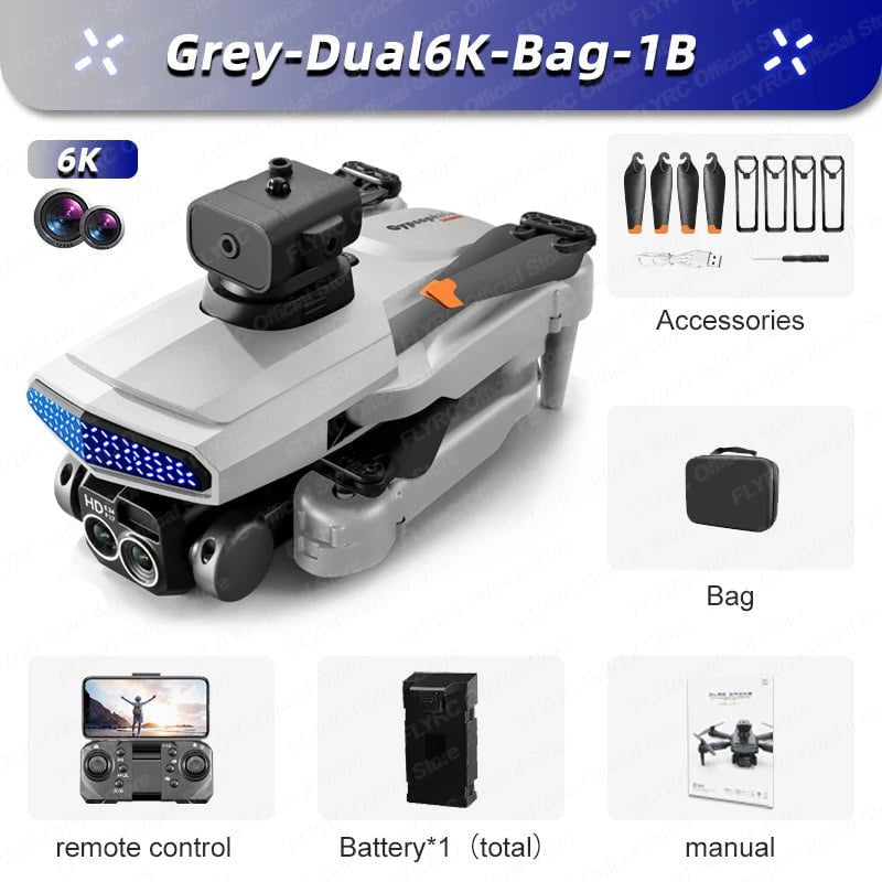 D6 Mini Drone: 8K HD Camera, Obstacle Avoidance, Foldable Quadcopter D6-Grey-6K-Bag