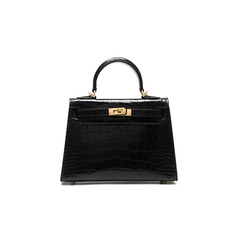 Dazzling Alligator Handbag, Gold Accents & Hardware Black / Midi