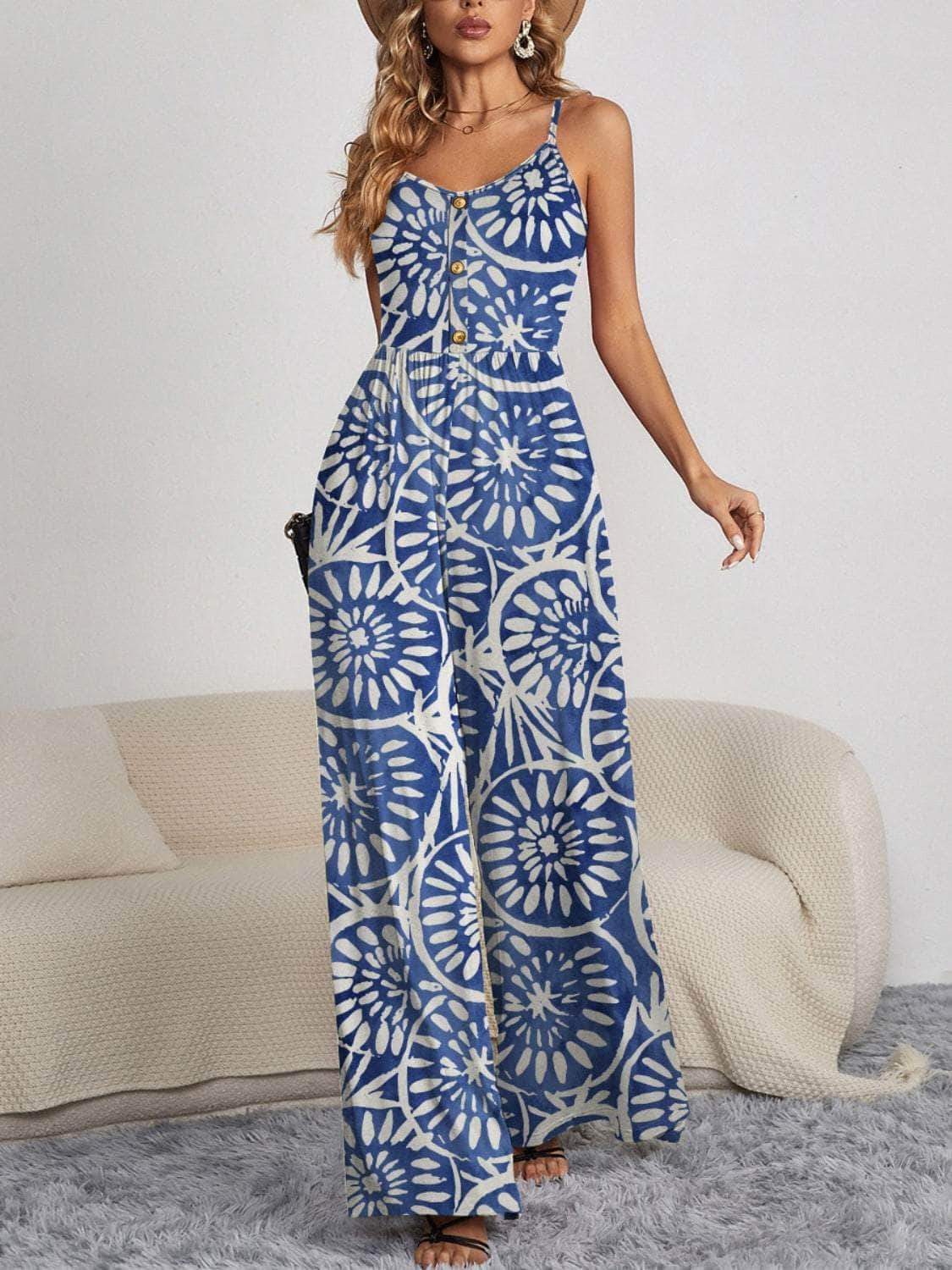 Decorative Button Spaghetti Strap Wide Leg Jumpsuit Blue / S