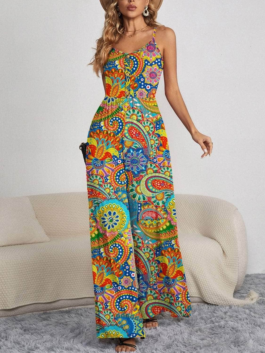 Decorative Button Spaghetti Strap Wide Leg Jumpsuit Multicolor / S