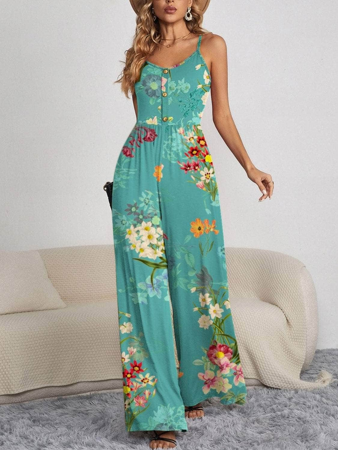 Decorative Button Spaghetti Strap Wide Leg Jumpsuit Turquoise / S