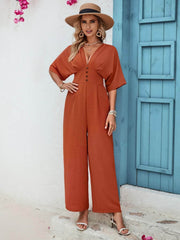 Decorative Button V-Neck Half Sleeve Jumpsuit Caramel / S