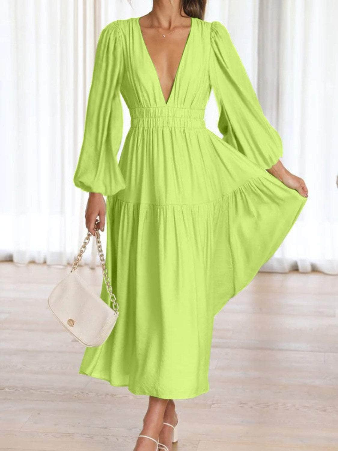 Deep V-Neck Balloon Sleeve Plain Maxi Dress