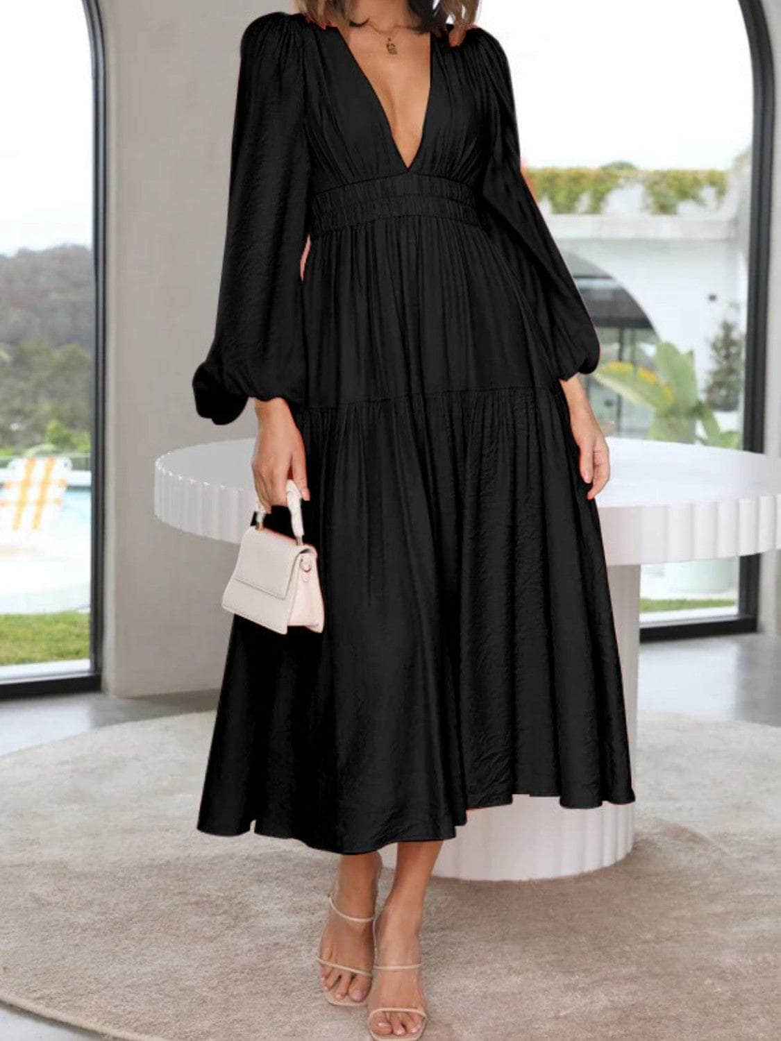 Deep V-Neck Balloon Sleeve Plain Maxi Dress Black / S