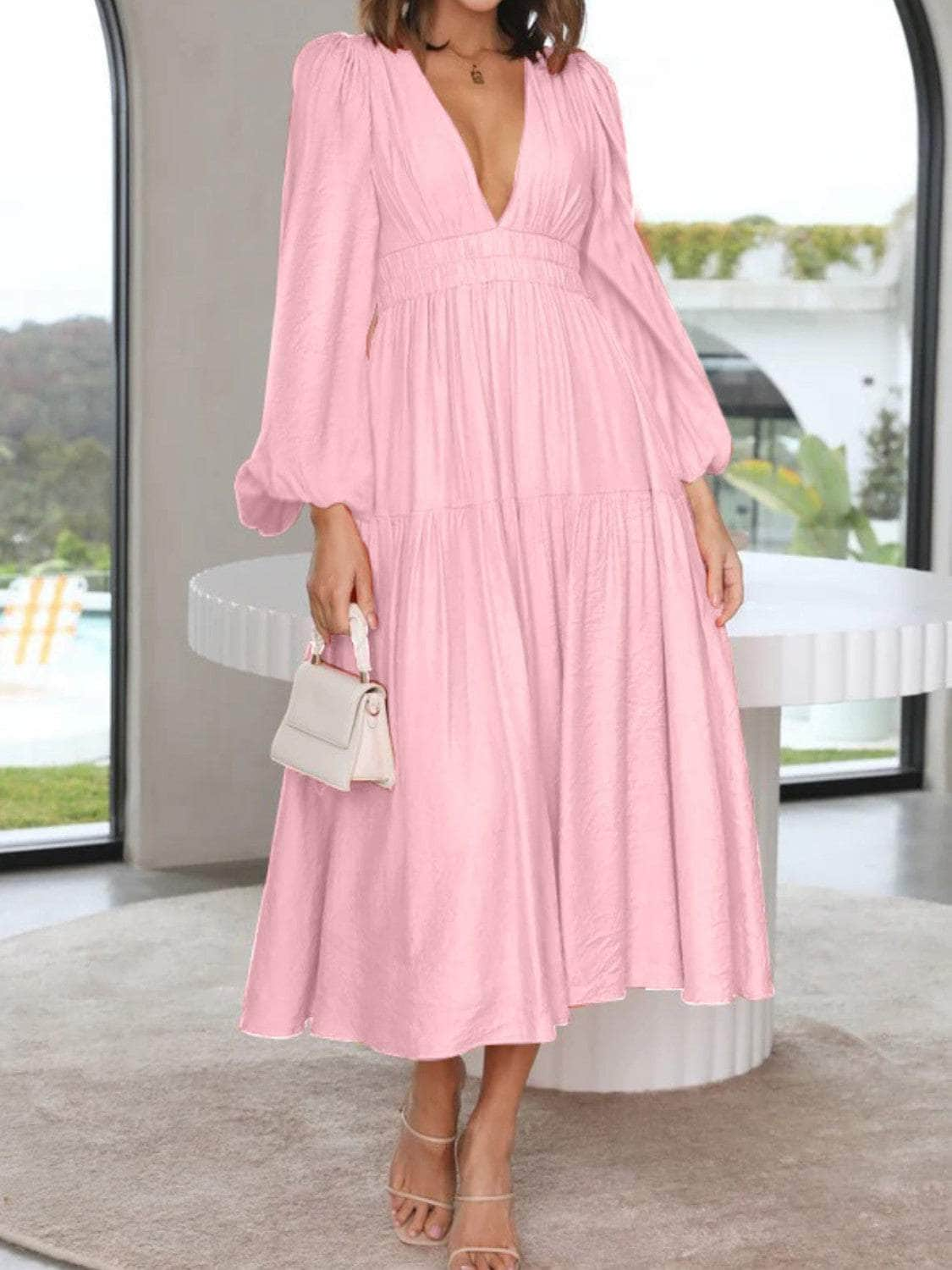 Deep V-Neck Balloon Sleeve Plain Maxi Dress Blush Pink / S