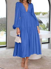 Deep V-Neck Balloon Sleeve Plain Maxi Dress Cobalt Blue / S