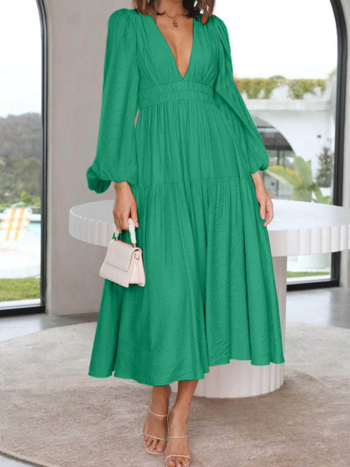 Deep V-Neck Balloon Sleeve Plain Maxi Dress Green / S