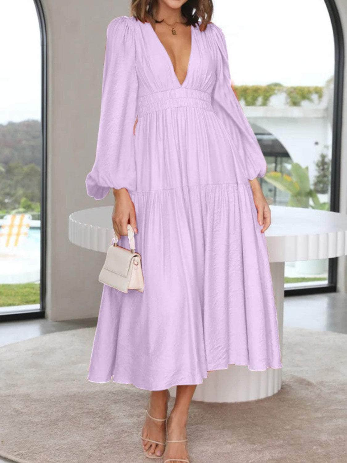 Deep V-Neck Balloon Sleeve Plain Maxi Dress Lavender / S