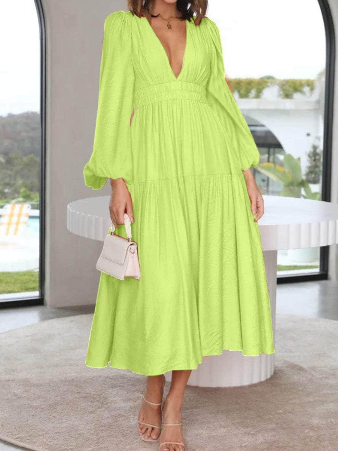 Deep V-Neck Balloon Sleeve Plain Maxi Dress Mint Green / S