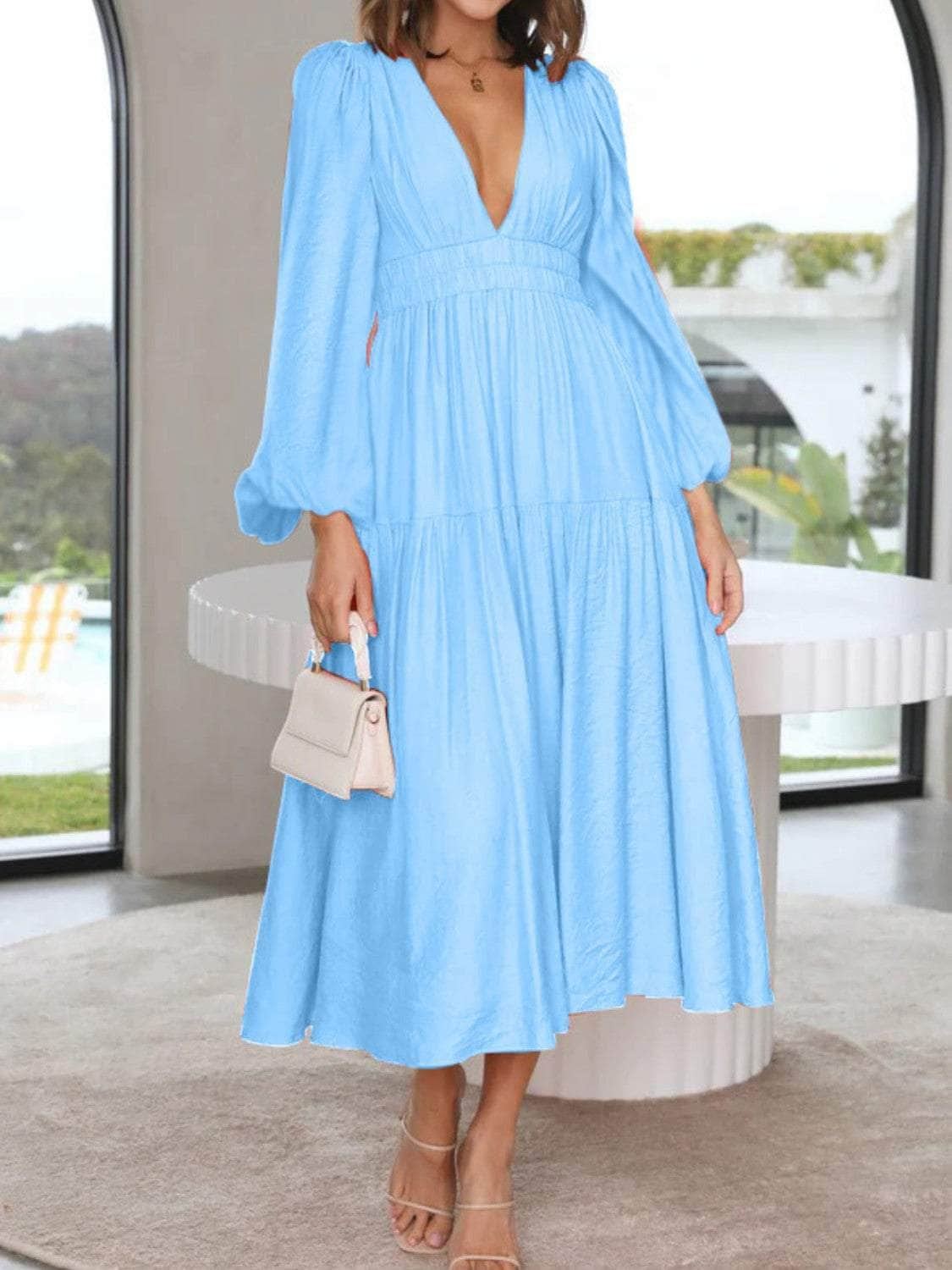 Deep V-Neck Balloon Sleeve Plain Maxi Dress Pastel  Blue / S