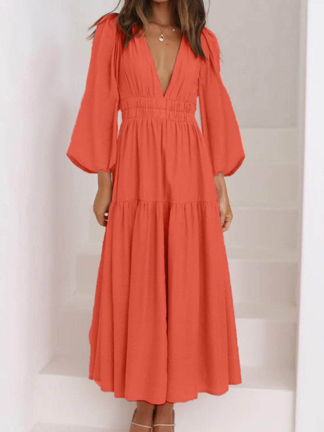 Deep V-Neck Balloon Sleeve Plain Maxi Dress Strawberry / S