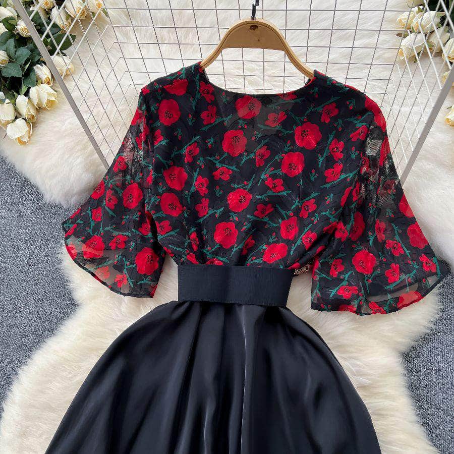 Deep V Neck Flared Sleeves Floral Maxi Pleat Dress