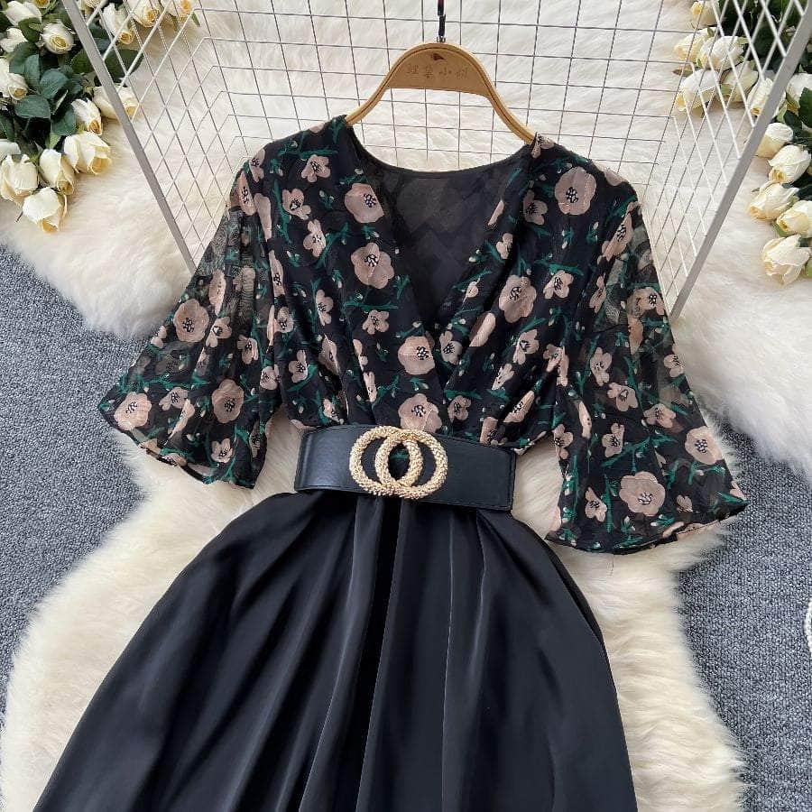 Deep V Neck Flared Sleeves Floral Maxi Pleat Dress