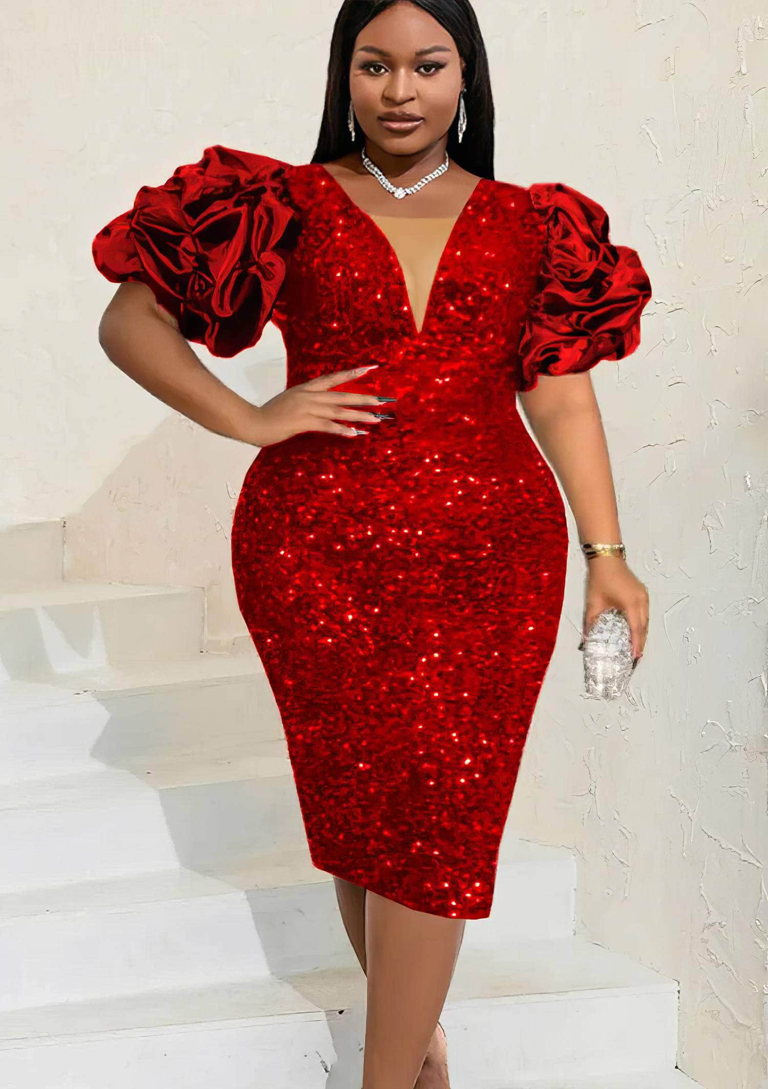 Deep V-Neck Sequin Dress with Ruffled Puff Sleeves US 4-6 / Red