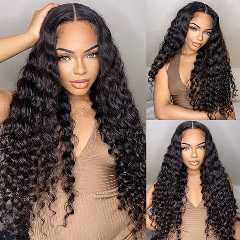 Deep Wave Lace Front Human Hair Wig - Wear And Go, Pre-Cut, Pre-Plucked Glueless Wig, HD Transparent Lace Closure, Curly Wigs
