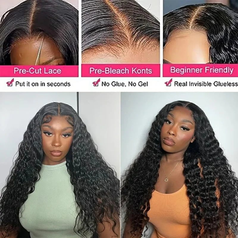 Deep Wave Lace Front Human Hair Wig - Wear And Go, Pre-Cut, Pre-Plucked Glueless Wig, HD Transparent Lace Closure, Curly Wigs