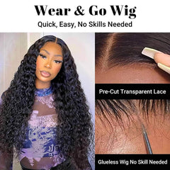 Deep Wave Lace Front Human Hair Wig - Wear And Go, Pre-Cut, Pre-Plucked Glueless Wig, HD Transparent Lace Closure, Curly Wigs