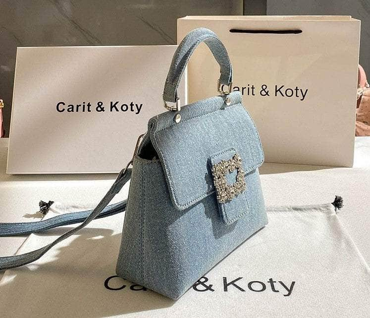 Denim Tote Bag with Sparkling Rhinestone Buckle