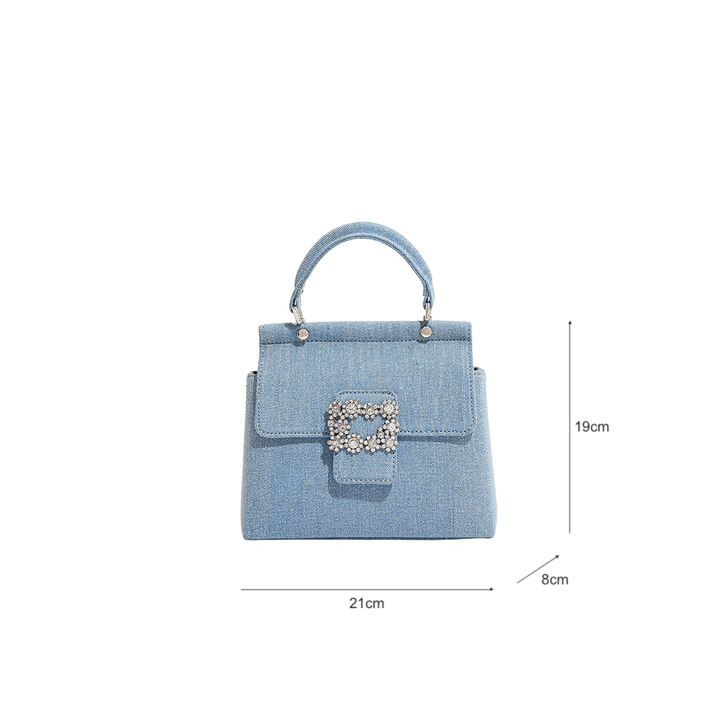 Denim Tote Bag with Sparkling Rhinestone Buckle