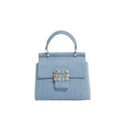 Denim Tote Bag with Sparkling Rhinestone Buckle