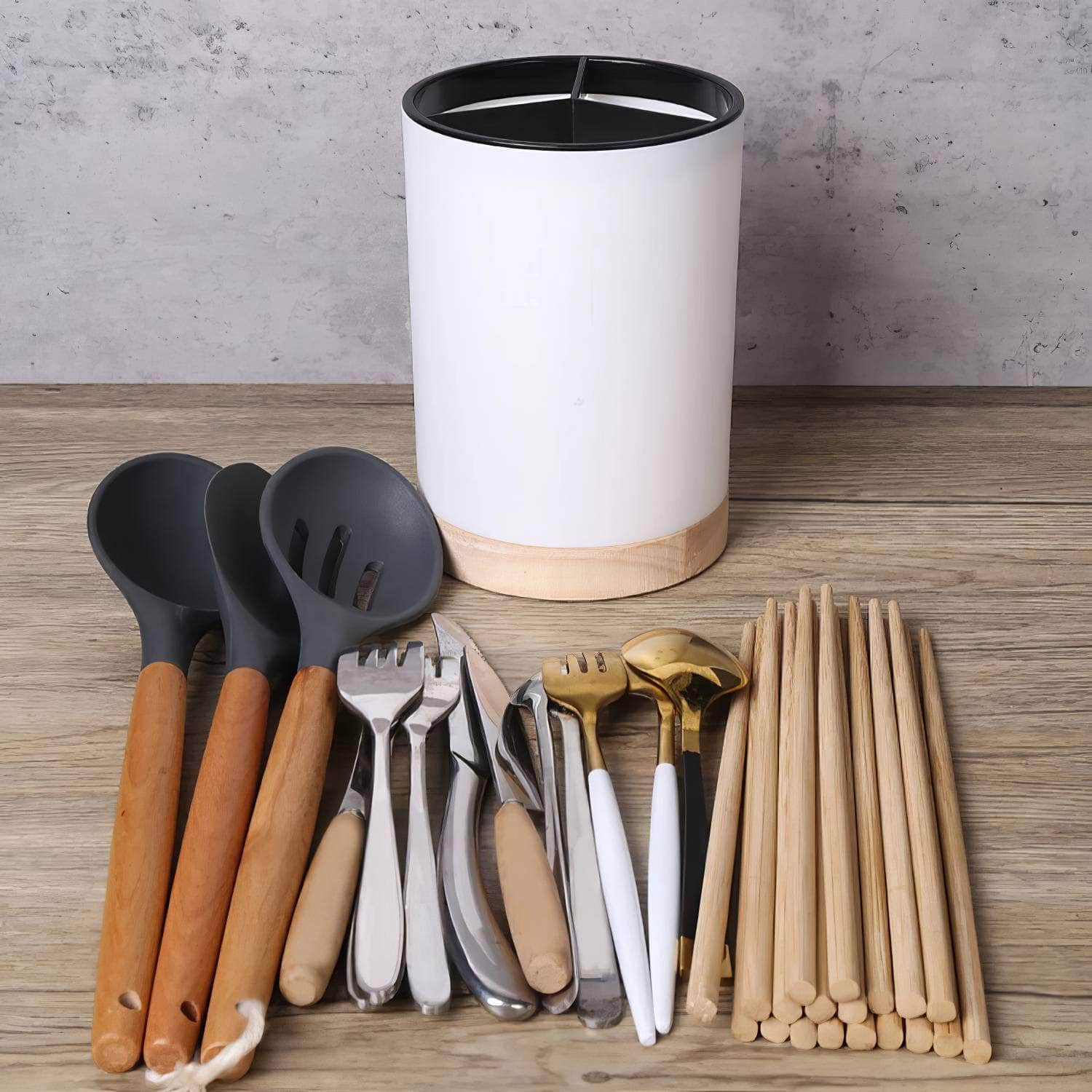 Detachable Kitchen Tableware Storage Bucket - 3 Divided Utensil Holder with Cutlery Drainer and Spoon Storage Rack