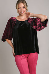 Umgee Round Neck Leopard Balloon Sleeve Velvet Top