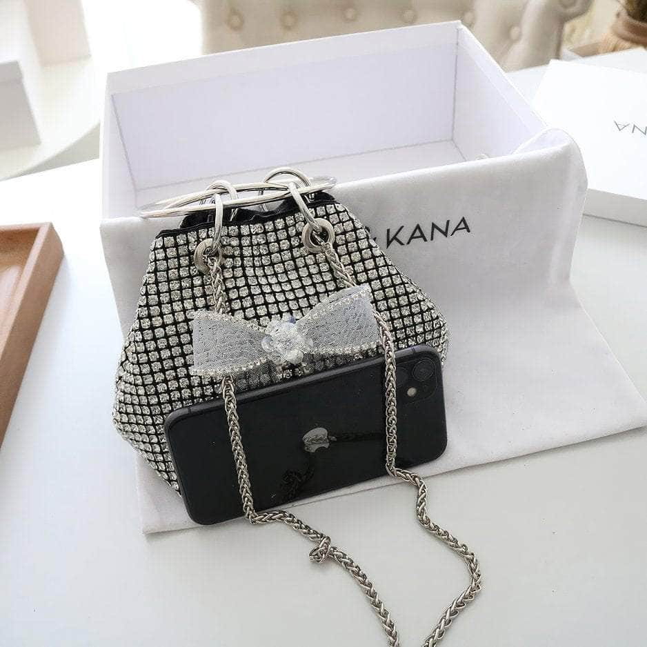 Diamante Bow Detailed Mini Bucket Bag Black