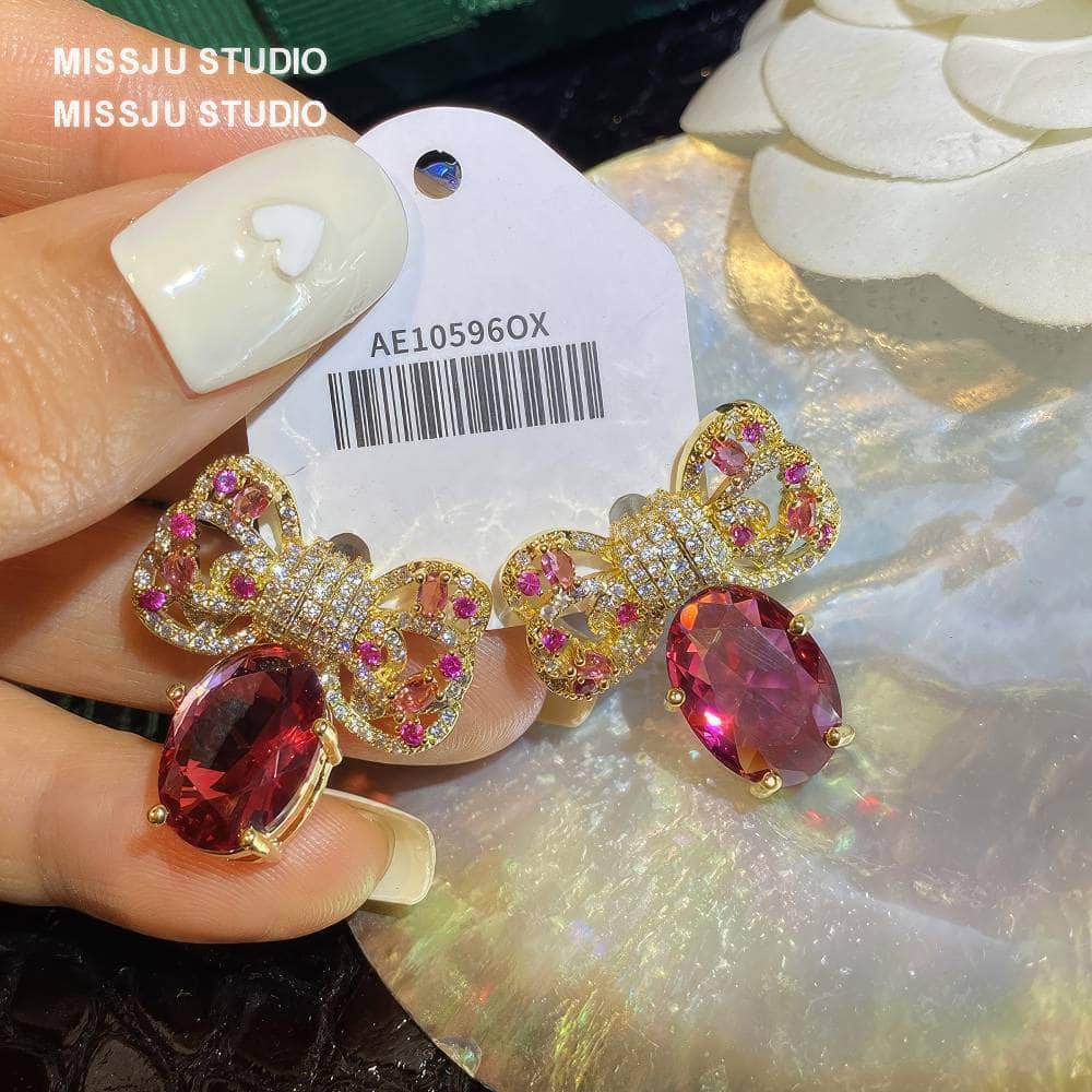Diamanté Bowknot Sparkle Studded Ruby Gold Earrings DeepPink