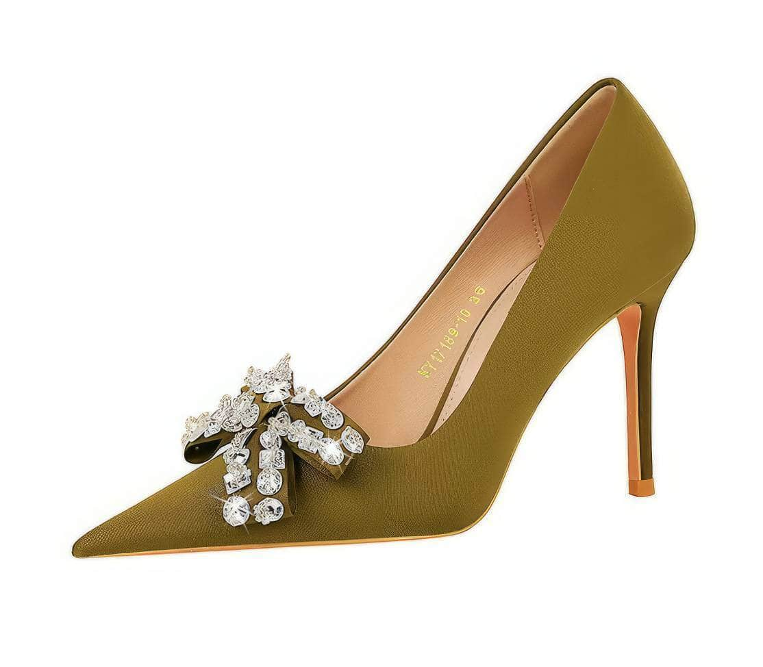 Diamante Crystal Bow Detailed Court Heels EU 33 / Olive / 10.5CM