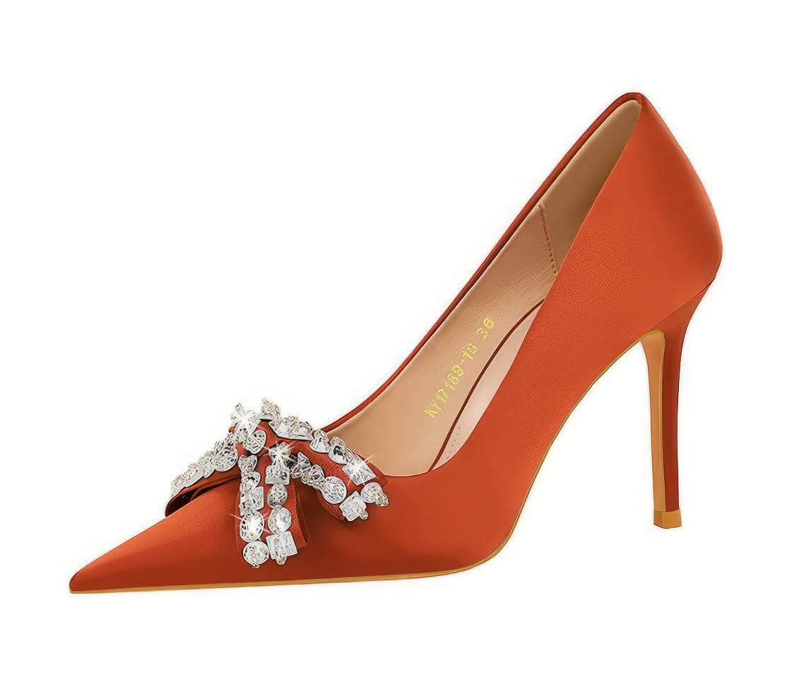 Diamante Crystal Bow Detailed Court Heels EU 33 / OrangeRed / 10.5CM