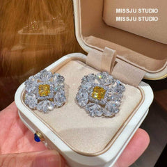 Diamante Halo Spiked Canary Yellow Round Floral Deco Earrings Yellow