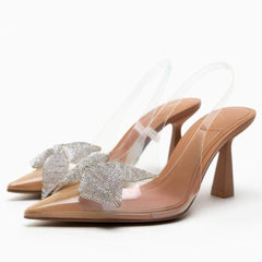 Diamante Sequin Bow Transparent Ankle Strap Heels EU 34 / Brown / 8CM