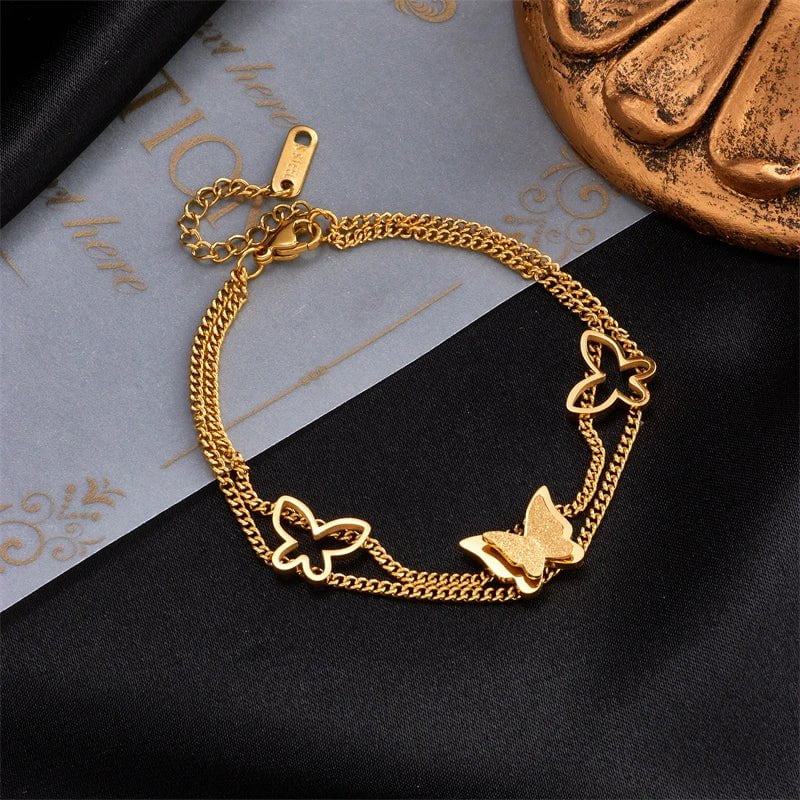 DIEYURO 316L Stainless Steel 2 Layer Butterfly Charm Bracelet For Women High Quality Rustproof Girls Wrist Jewelry Party Gift B577